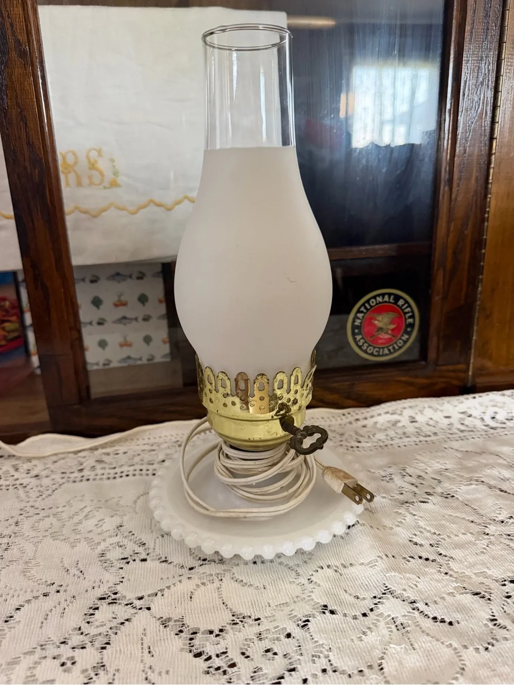 Vintage White Milk Glass Electric Hurricane Lamp with Brass Accent